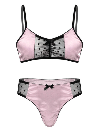 Men's 2Piece Sissy Shiny Satin Cross Dresser Lingerie Set Bra Tops with Girly Panties Pink