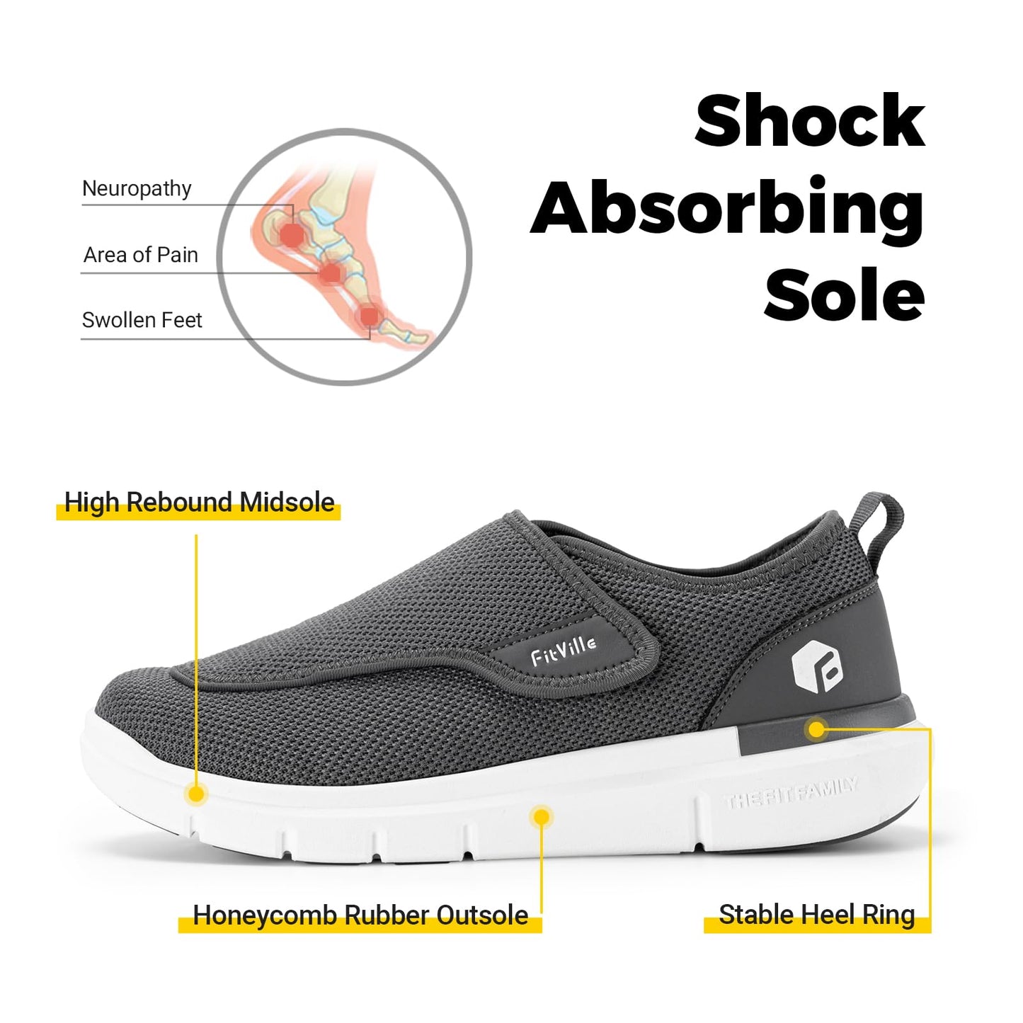 FitVille Diabetic Shoes for Men Extra Wide Slip-on Shoes for Swollen Feet Adjustable Walking Shoes for Elderly Foot Pain Relief Neuropathy - EasyTop Wings Deep Gray