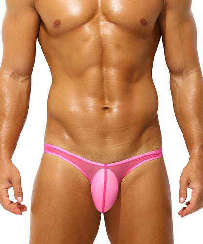 Men's Sexy Low Rise Briefs See-through Ice Silk Bikini Soft Sheer Bulge Pouch Underwear Pink XL