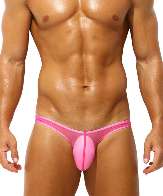 Men's Sexy Low Rise Briefs See-through Ice Silk Bikini Soft Sheer Bulge Pouch Underwear Pink XL