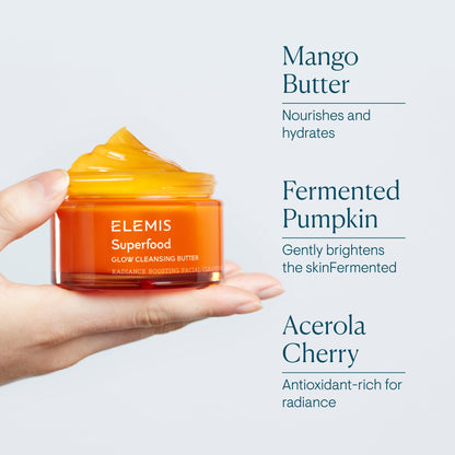 ELEMIS Superfood AHA Glow Cleansing Butter, Daily Skincare Facial Cleanser to Brighten, Nourish & Hydrate Skin, Facial Mask & Brightening Cleanser