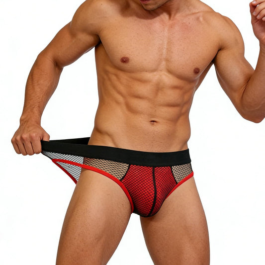 BLESO Men's Sissy Fishnet Low Rise Sexy Thong Sexy Underwear Mesh Athletic Supporter(Black+Red-L)