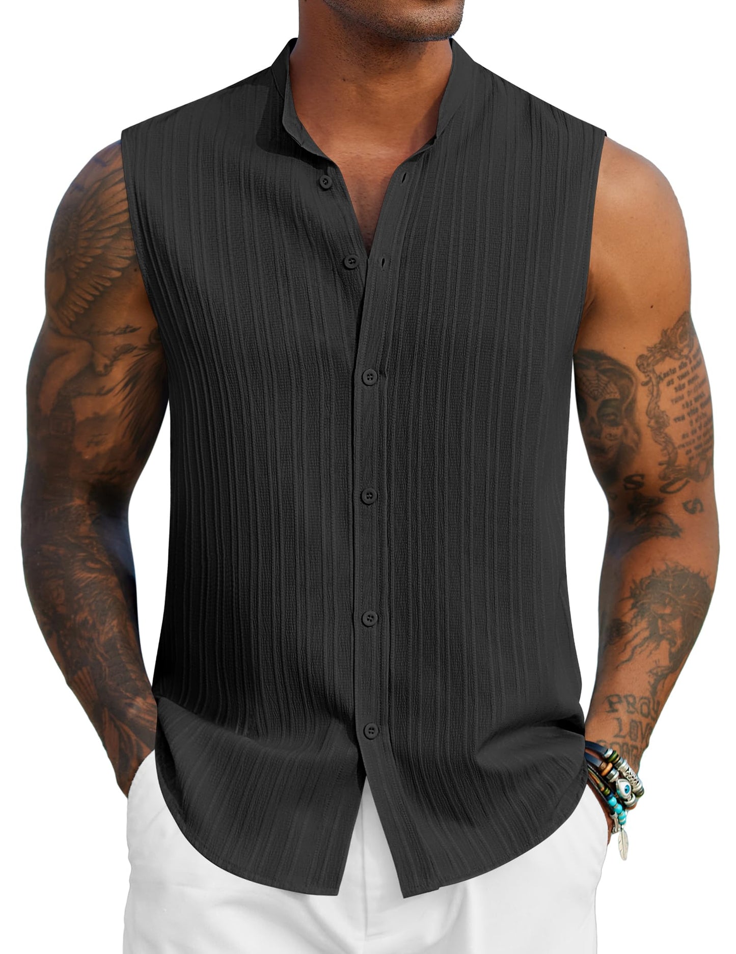 COOFANDY Mens Sleeveless Summer Shirts Beach Tank Tops Button Up Textured Tank Shirt for Vacation,Black,L