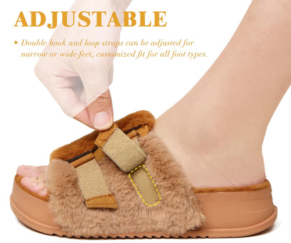 KuaiLu Womens Fuzzy Platform Open Toe Slipper with Arch Support Fluffy Furry Slides Orthotic Faux Fur Sandal Ajustable House Slippers Indoor Outdoor Camel Size 9