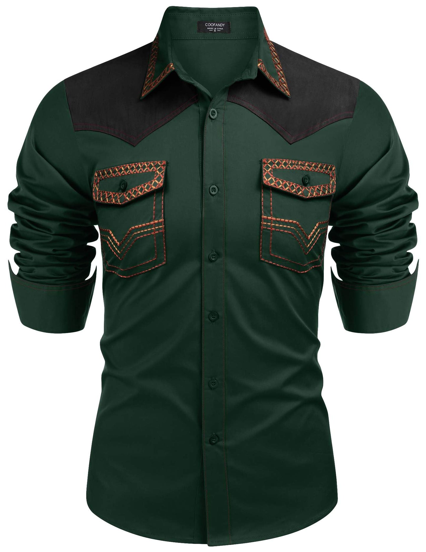 COOFANDY Western Shirts for Men Cowboy Casual Button up Shirts Long Sleeve Embroidered Shirt Slim Fit Shirt with Pockets Lake Green