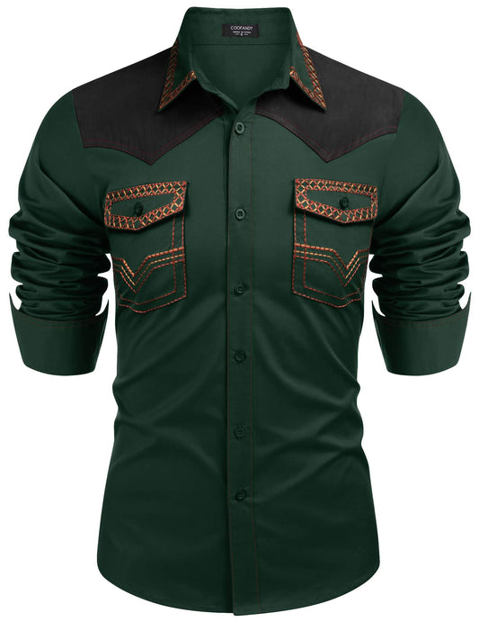 COOFANDY Western Shirts for Men Cowboy Casual Button up Shirts Long Sleeve Embroidered Shirt Slim Fit Shirt with Pockets Lake Green