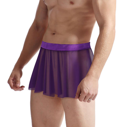 Men’s Mesh Skirt Sexy Sheer Mini Skirt Cross-Dressing Sissy Tulle Lingerie See Through Skirt Nightwear Gay Underwear Purple