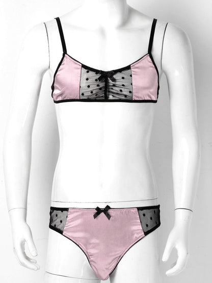 Men's 2Piece Sissy Shiny Satin Cross Dresser Lingerie Set Bra Tops with Girly Panties Pink