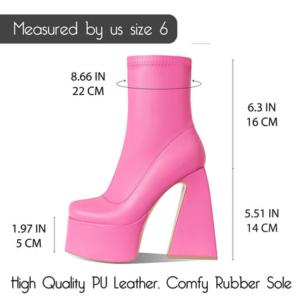 White Platform Boots for Women Ankle Booties Square Toe Chunky High Heel Boots Side Zipper Mid Calf Boots