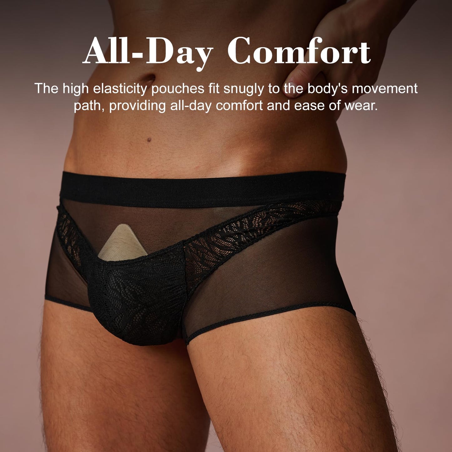 BSZN Men's Sexy Boxer Briefs, Black Plant Vein Lace Mesh Patchwork