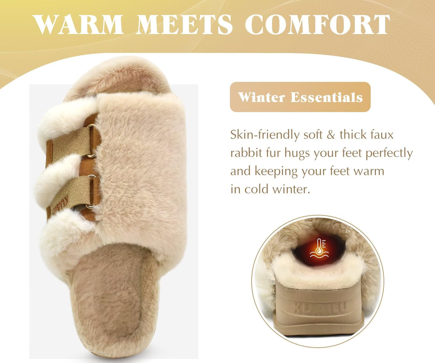 KuaiLu Womens Fuzzy Platform Open Toe Slipper with Arch Support Fluffy Furry Slides Orthotic Faux Rabbit Fur Sandal Indoor Outdoor Beige Size 9