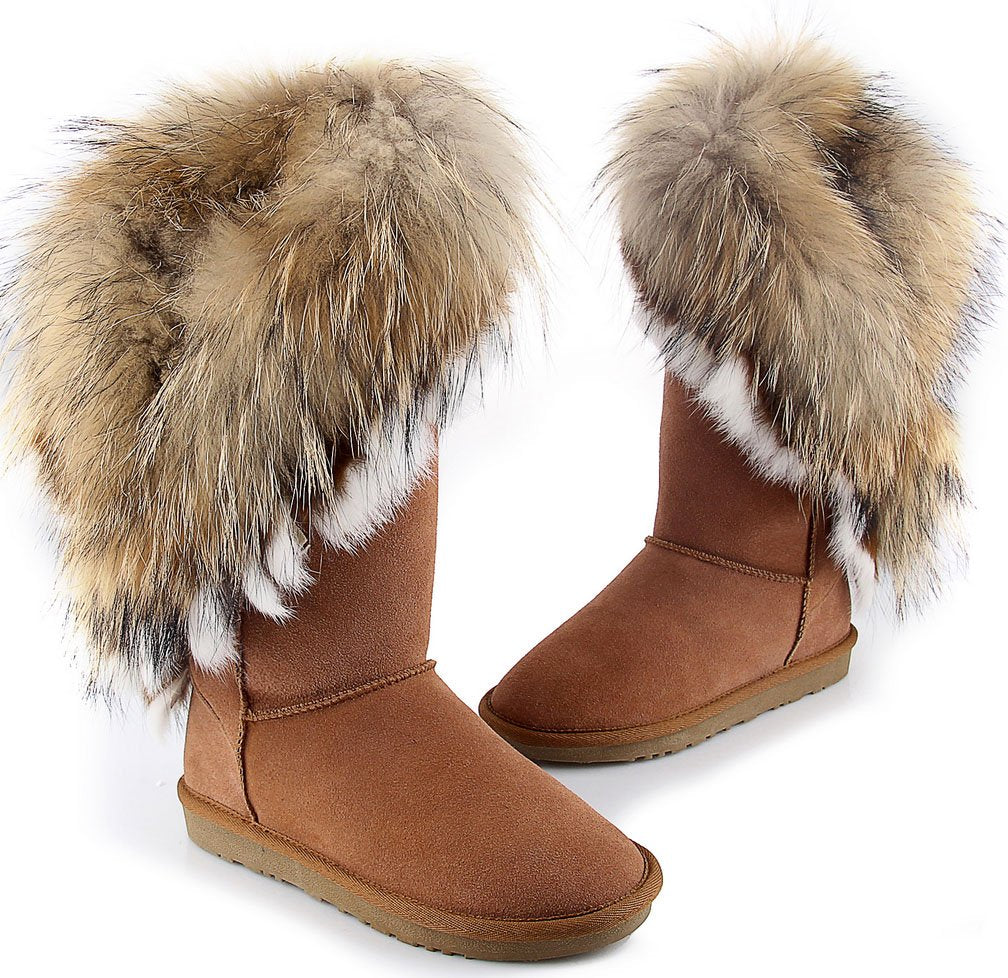 APHNUS Womens Mid Calf Boots Cow Leather Fur Snow Boots Brown US7.5