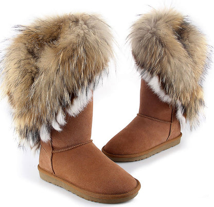 APHNUS Womens Mid Calf Boots Cow Leather Fur Snow Boots Brown US7