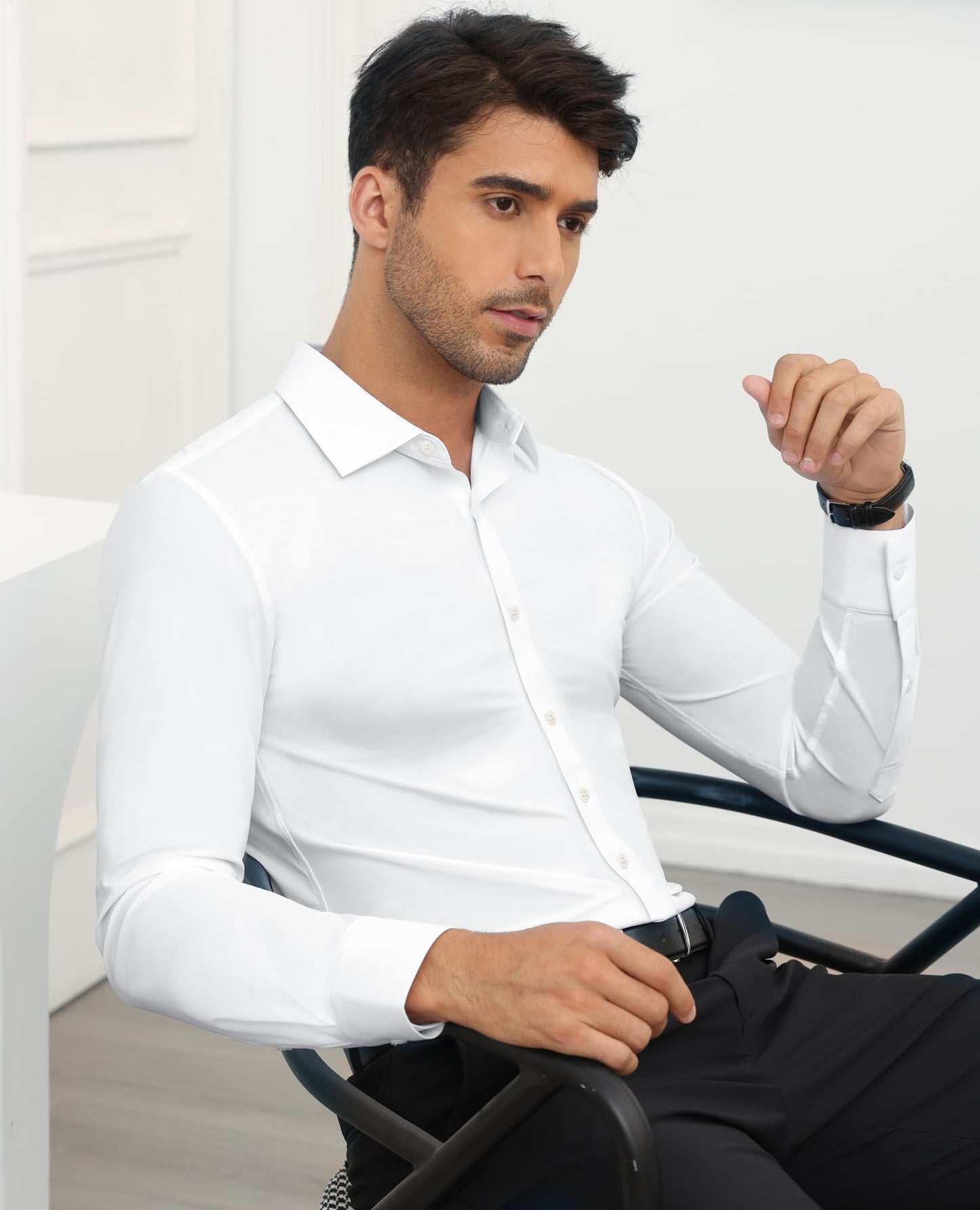 Lion Nardo Slim Fit White Dress Shirt for Men Wrinkle Free Mens Dress Shirts Long Sleeve Tall Muscle Fit Button Up Shirt