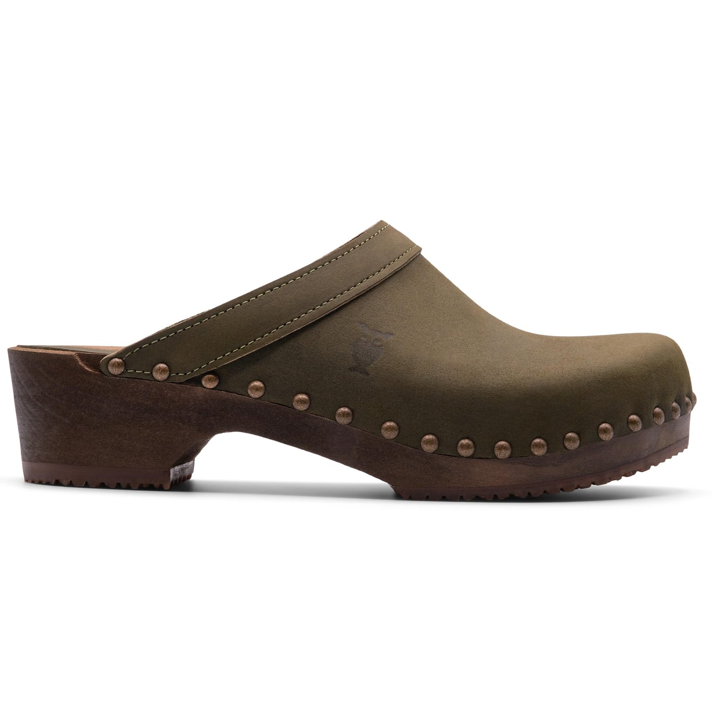 Sandgrens Handmade Swedish Wood Clogs for Women, Low Heel Mule US 9 | Athens Olive Nubuck DK, EU 40