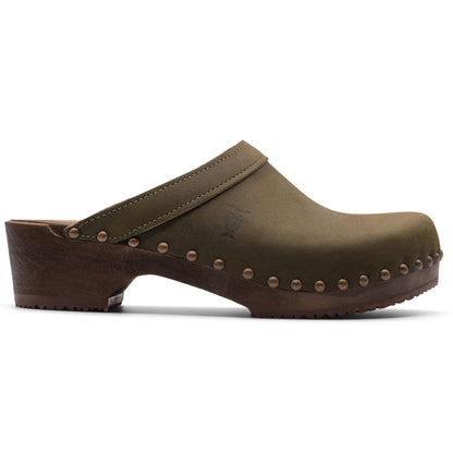 Sandgrens Handmade Swedish Wood Clogs for Women, Low Heel Mule US 9 | Athens Olive Nubuck DK, EU 40