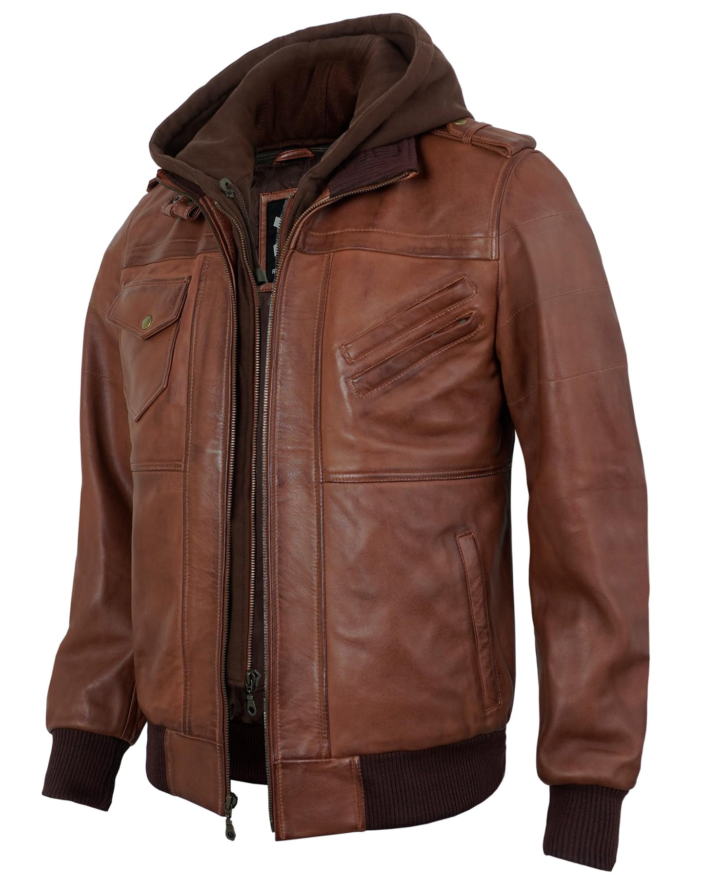 UrbanFocal Brown Leather Bomber Jacket Men - Real Lambskin Hooded Mens Leather Jackets | [101010006] Edinburgh Cognac, 2XL