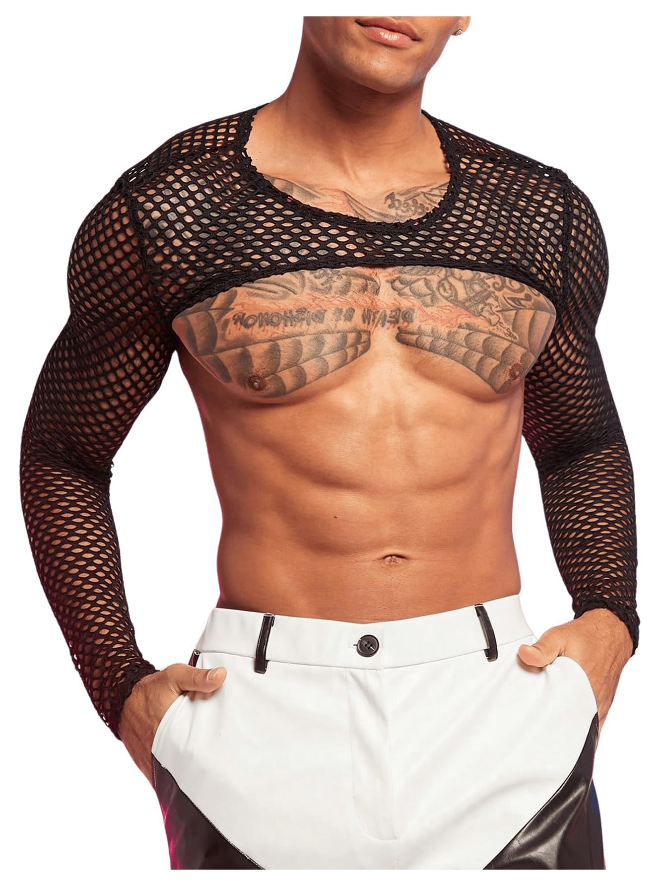 WDIRARA Men's Fishnet Sheer Mesh Long Sleeve T-Shirt Crop Top Slim Fit Party Tee Tops Black Small