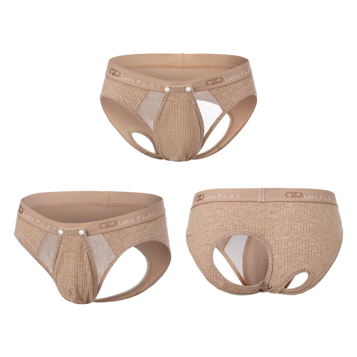 BSZN Men's Thick Ribbed Sexy Briefs, Khaki Mid Low Rise Snap Open Sexy Men Underwear, Cutout Back Men Sexy Lingerie with Sheer Mesh Pouch Soft High Stretch Sexy Undergarment