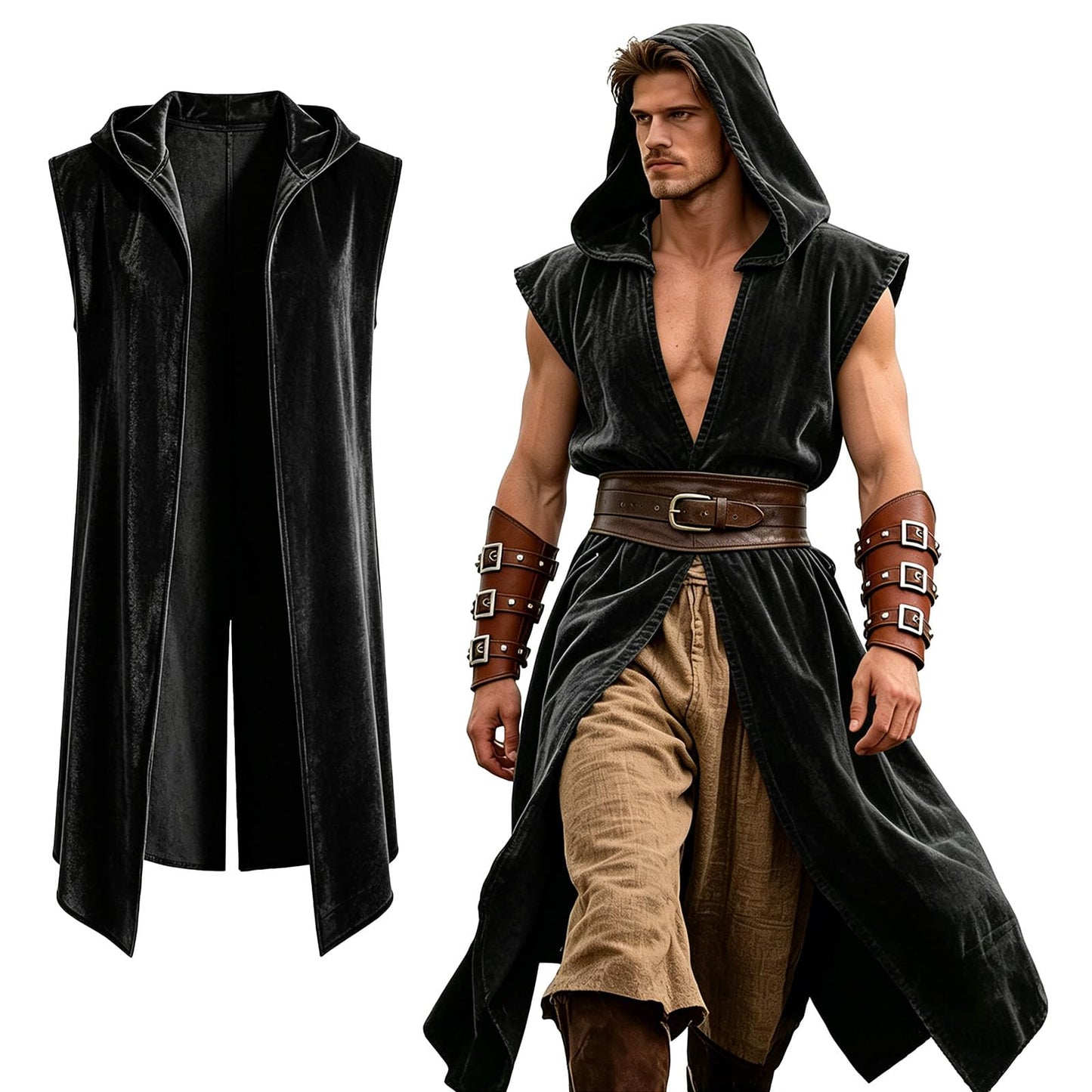 Mens Medieval Hooded Surcoat Renaissance Sleeveless Cloak for Halloween