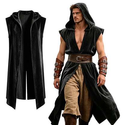 Mens Medieval Hooded Surcoat Renaissance Sleeveless Cloak for Halloween