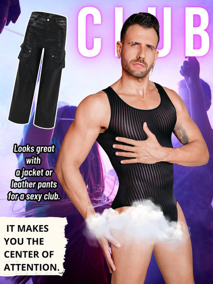 EHSUYAB Men's Sexy Lingerie, Ribbed Sheer Mesh Bodysuit, Shapewear Sissy Clothes Gay Club, Tank Top Muscle Suit Rave Outfits Black X-SMall Medium