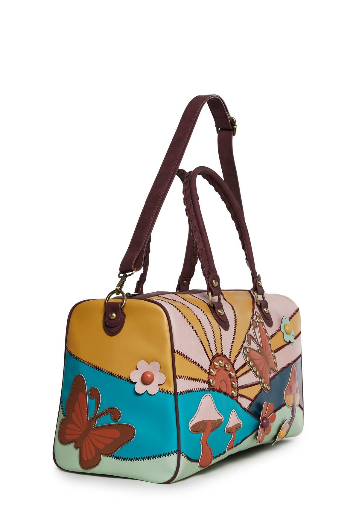 Dolls Kill Walking On Sunshine Weekender Bag by Current Mood – Vegan Leather Duffle with Sunset Mushroom Print & Embroidered Details, One Size