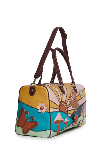 Dolls Kill Walking On Sunshine Weekender Bag by Current Mood – Vegan Leather Duffle with Sunset Mushroom Print & Embroidered Details, One Size