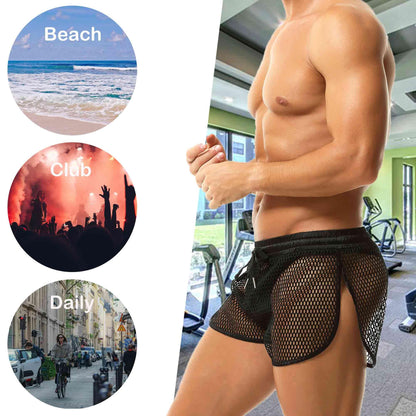 QiaTi Men's Mesh Shorts See Through Underwear Breathable Fishnet Rave Shorts for Men Black