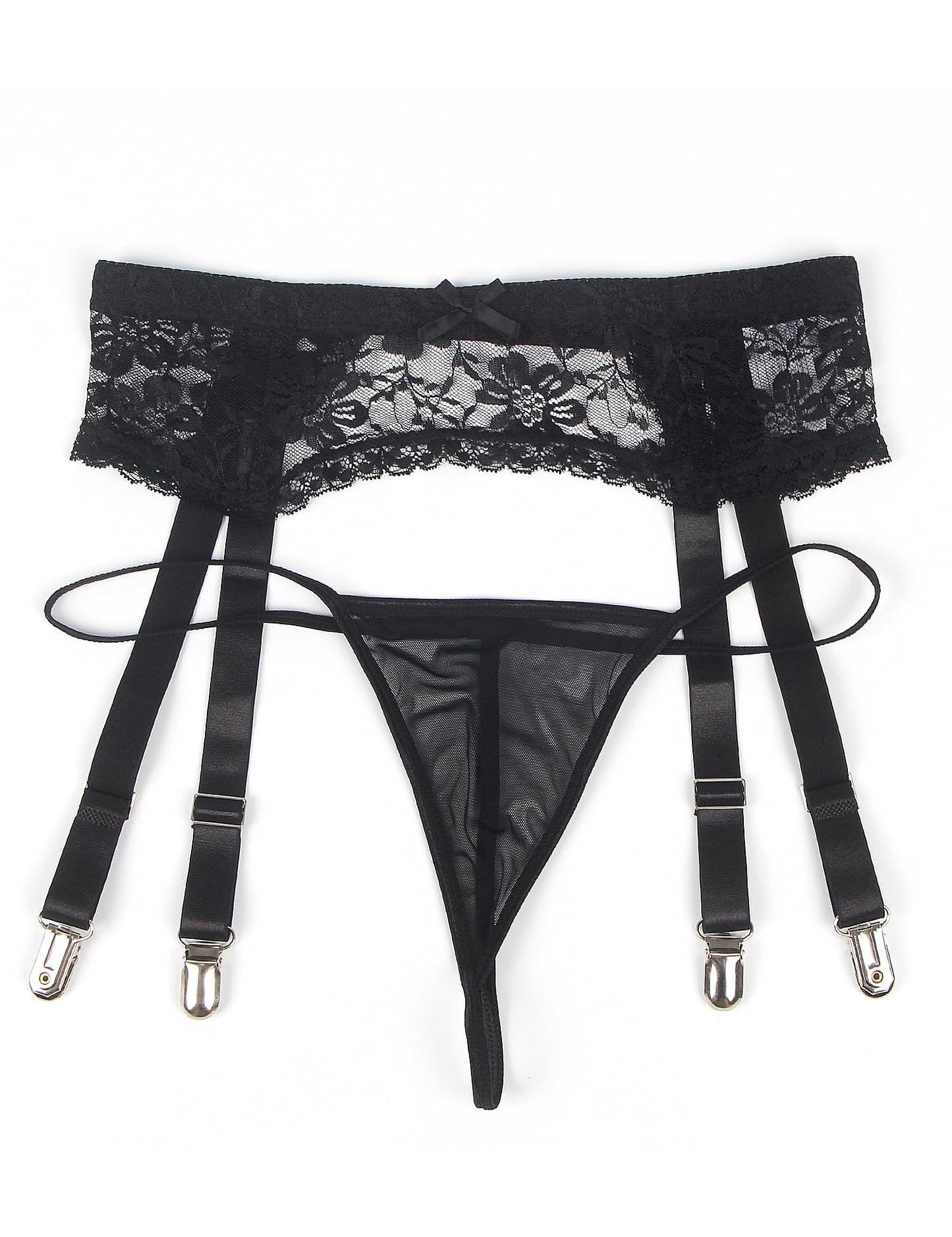Men Underwear 4 Strap Lace Garter Belt with Thong Set Sissy Lingerie 4 Adjustable Vintage Metal Clips Garter Belts for Thigh Highs Black,S