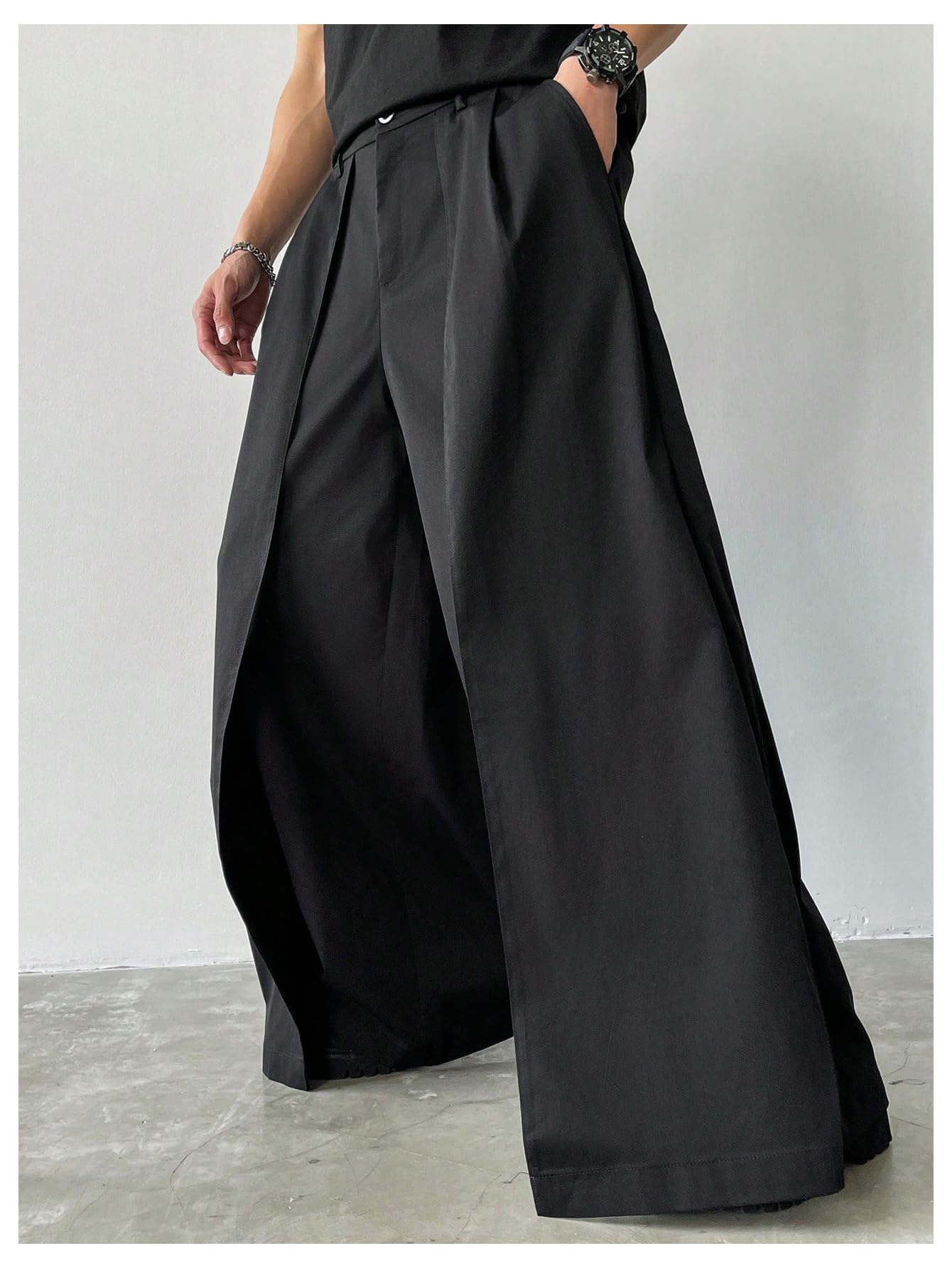 OYOANGLE Men's Baggy Wide Leg Pants Zipper Fly Pleated Trousers Business Casual Dress Pants with Pocket Black X-Large