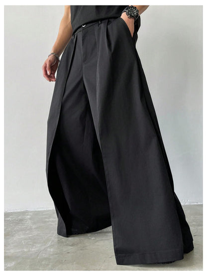 OYOANGLE Men's Baggy Wide Leg Pants Zipper Fly Pleated Trousers Business Casual Dress Pants with Pocket Black X-Large
