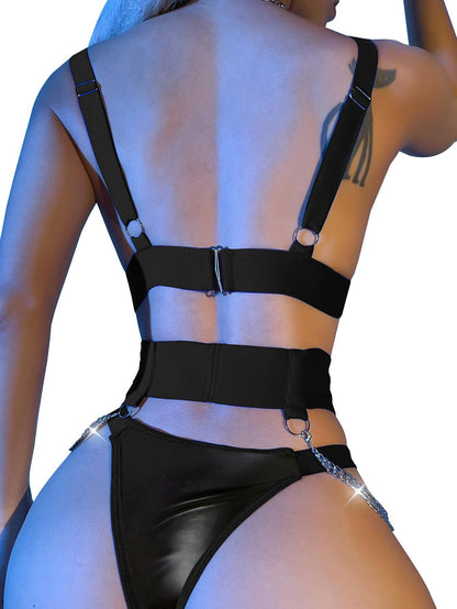 Lilosy Sexy Chain Strappy Garter Belt Women Lingerie Set Rave Outfits Harness Bra Panty 3 Piece Leather Latex Black Medium