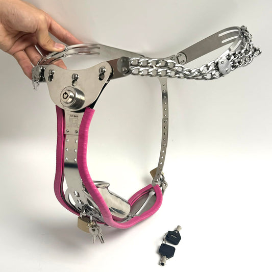 Male Adjustable Chastity Belt with Hole Push-Lock Design Removable Cage Dual Adjustable Waist and Crotch Stainless Steel Adult Sex Toy SM Invisible Underwear (Pink 87-122cm)