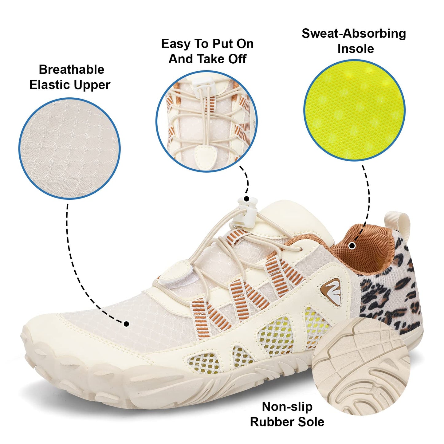 XIHALOOK Water Shoes Womens Quick Dry Sports Swim Aqua Shoes Barefoot for Diving Boating Beach Camping Beige Leopard, 6.5 Women/5 Men