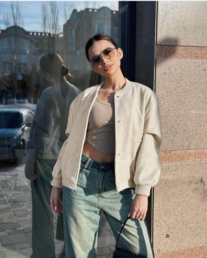 Womens Cropped Bomber Jacket Wool Blend Varsity Short Pea Coats Long Sleeve Button Down Casual Outerwear