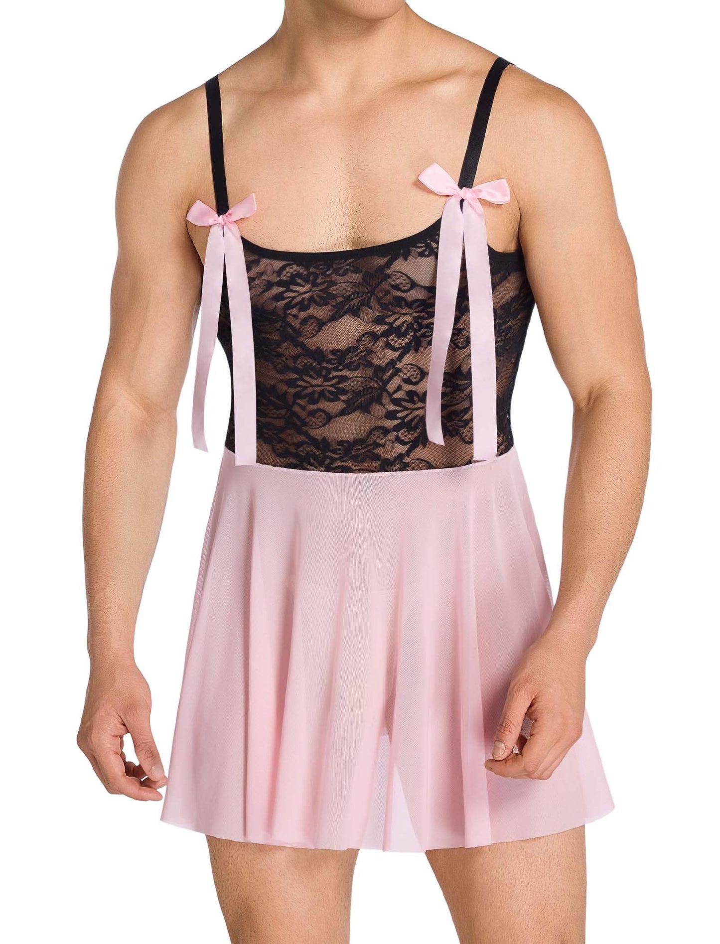 ABAFIP Men‘s Lace Babydoll Dress Sheer See Through Crossdresser Lingerie Mesh Nightgown Femboy Outfit Light Pink Medium
