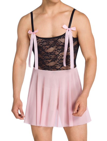 ABAFIP Men‘s Lace Babydoll Dress Sheer See Through Crossdresser Lingerie Mesh Nightgown Femboy Outfit Light Pink Medium