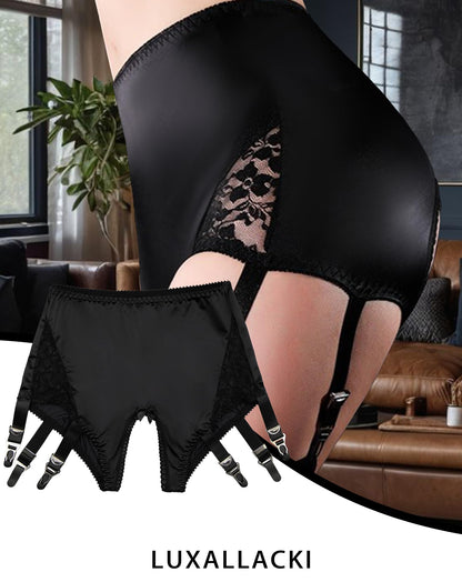 6-Strap Pull-On Satin Garter Panty with Metal Clips, Open-Crotch Design for Thigh-High Stockings (Black,3XL)