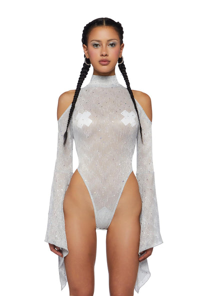 Dolls Kill Transcendent Spectre Sequin Bodysuit by Club Exx – Sheer Micro-Pleated Bodysuit With Rhinestones & Bell Sleeves - White, Medium