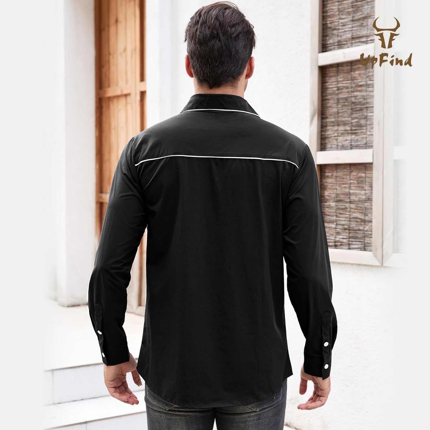 UpFind Western Shirts for Men Cowboy Shirts Long Sleeve Embroidered Country Shirt Slim Fit Button Down Shirt Casual Work Shirts Black
