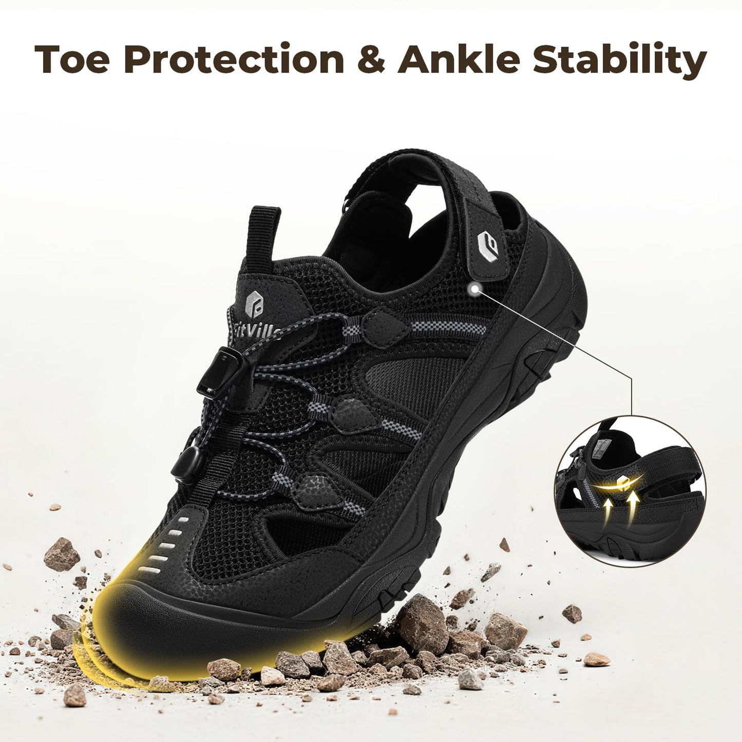 FitVille Men's Walking Sandals, Wide-Fit Closed Toe Hiking Sandals with Arch Support for Plantar Fasciitis, Quick-Adjust Straps & Non-Slip Sole Men Shoes for Summer Outdoor Casual Sports
