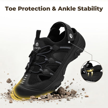 FitVille Men's Walking Sandals, Wide-Fit Closed Toe Hiking Sandals with Arch Support for Plantar Fasciitis, Quick-Adjust Straps & Non-Slip Sole Men Shoes for Summer Outdoor Casual Sports