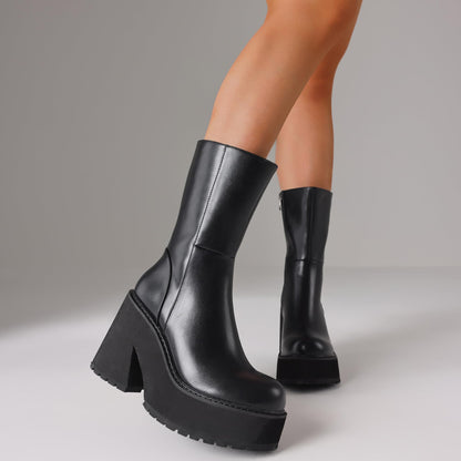Womens Wedge Heel Ankle Boots Platform Zipper Punk Motorcycle Booties Chunky Block High Heel Round Toe Fashion Work Combat Boots Mid Calf For Women