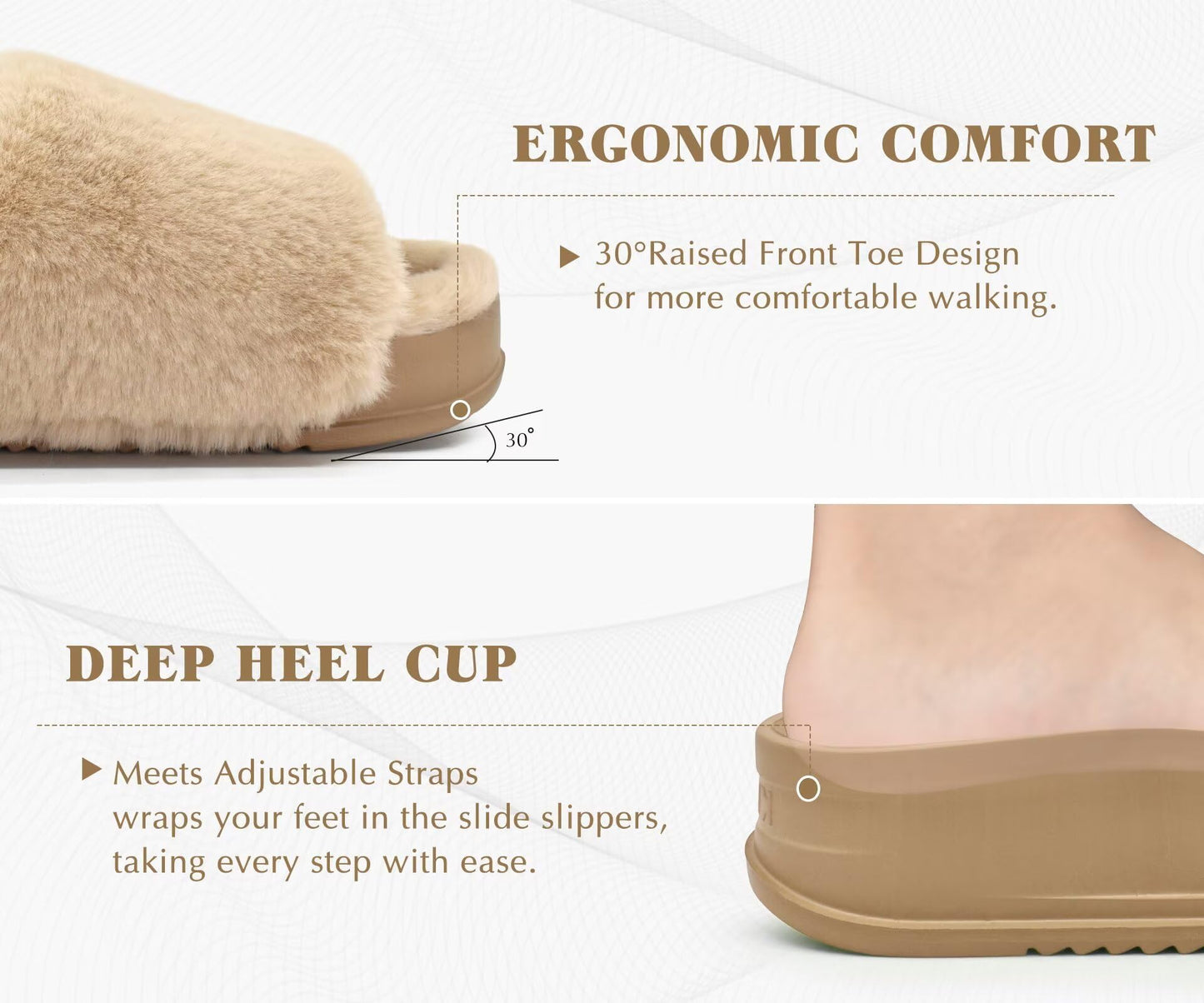 KuaiLu Womens Fuzzy Platform Open Toe Slipper with Arch Support Fluffy Furry Slides Orthotic Faux Rabbit Fur Sandal Indoor Outdoor Beige Size 9