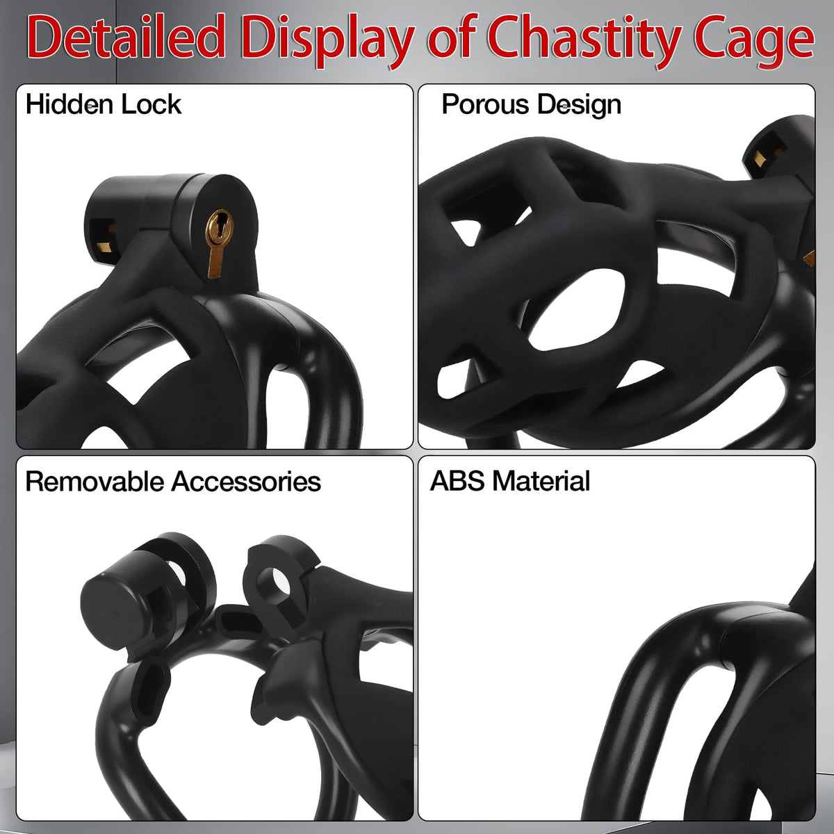 Male Chastity Cage Sex Toys with Elastic Belt Invisible Lock & 4 Ball Rings