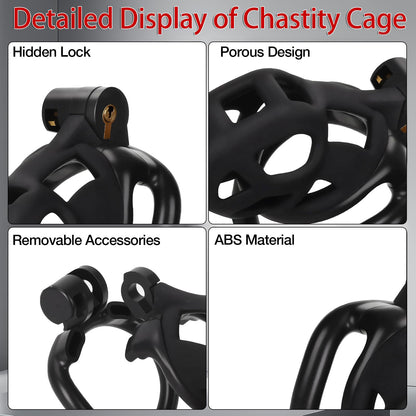 Male Chastity Cage Sex Toys with Elastic Belt Invisible Lock & 4 Ball Rings