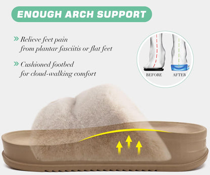 KuaiLu Womens Orthotic Slides Fuzzy House Slippers For Plantar Fasciitis