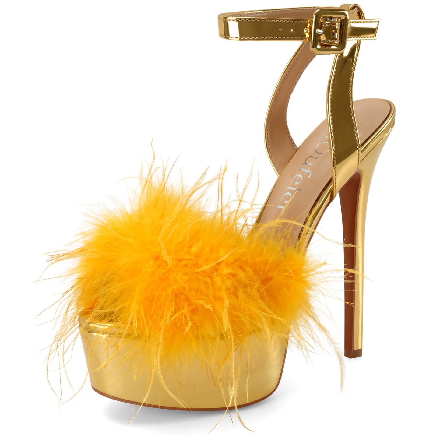 Women’s Ankle Strap Platform Fluffy Sandals High Stiletto Strappy Open Toe Sexy Fuzzy Heels(Gold,8)