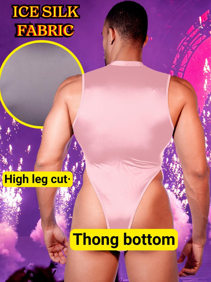 Mens Sexy Lingerie, Hook Crotch Thong High Cut Bodysuit Top Rave Outfit, Glossy Mock Neck Sheer Singlet Muscle Suit Pink Leather X-Small-Small